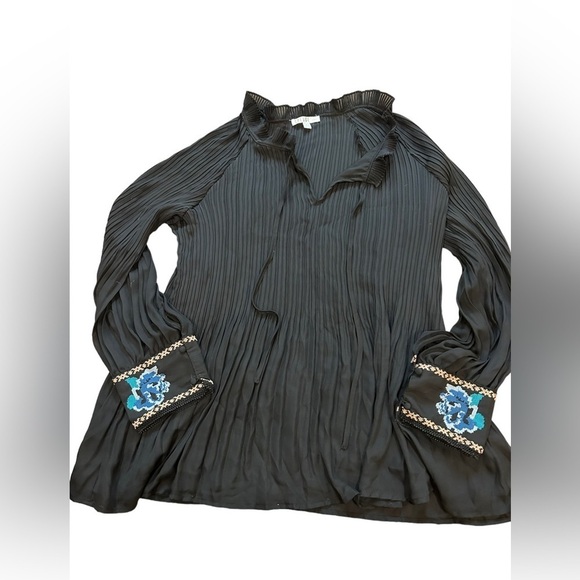 Spense Black pleated long sleeve embroidered floral blouse 2x - Picture 1 of 4